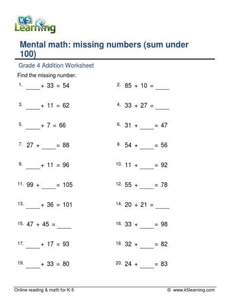 Addition with missing numbers (sum under 100) .